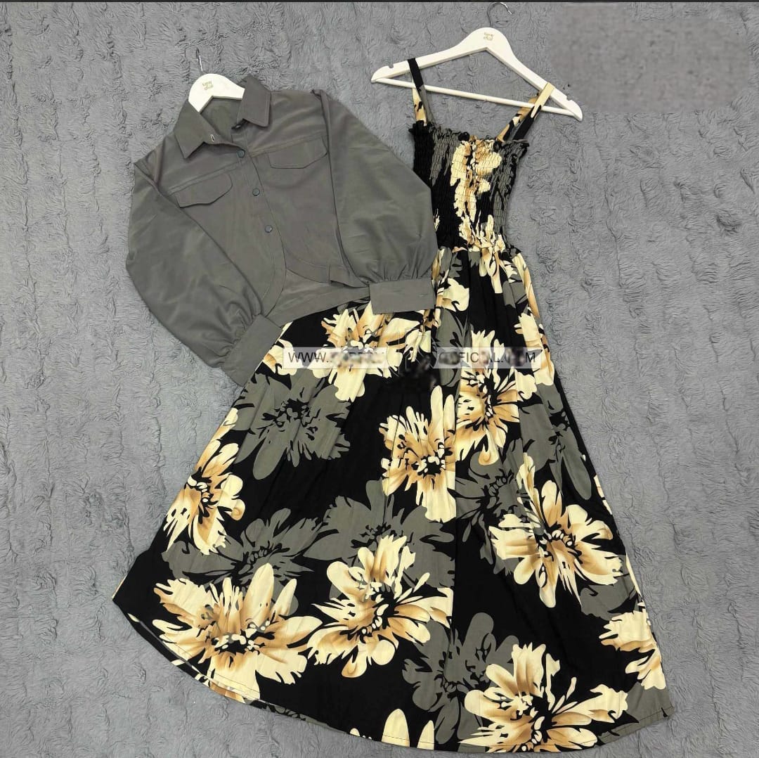 2Pc Degital Printed Gray Flowers Maxi & Coat