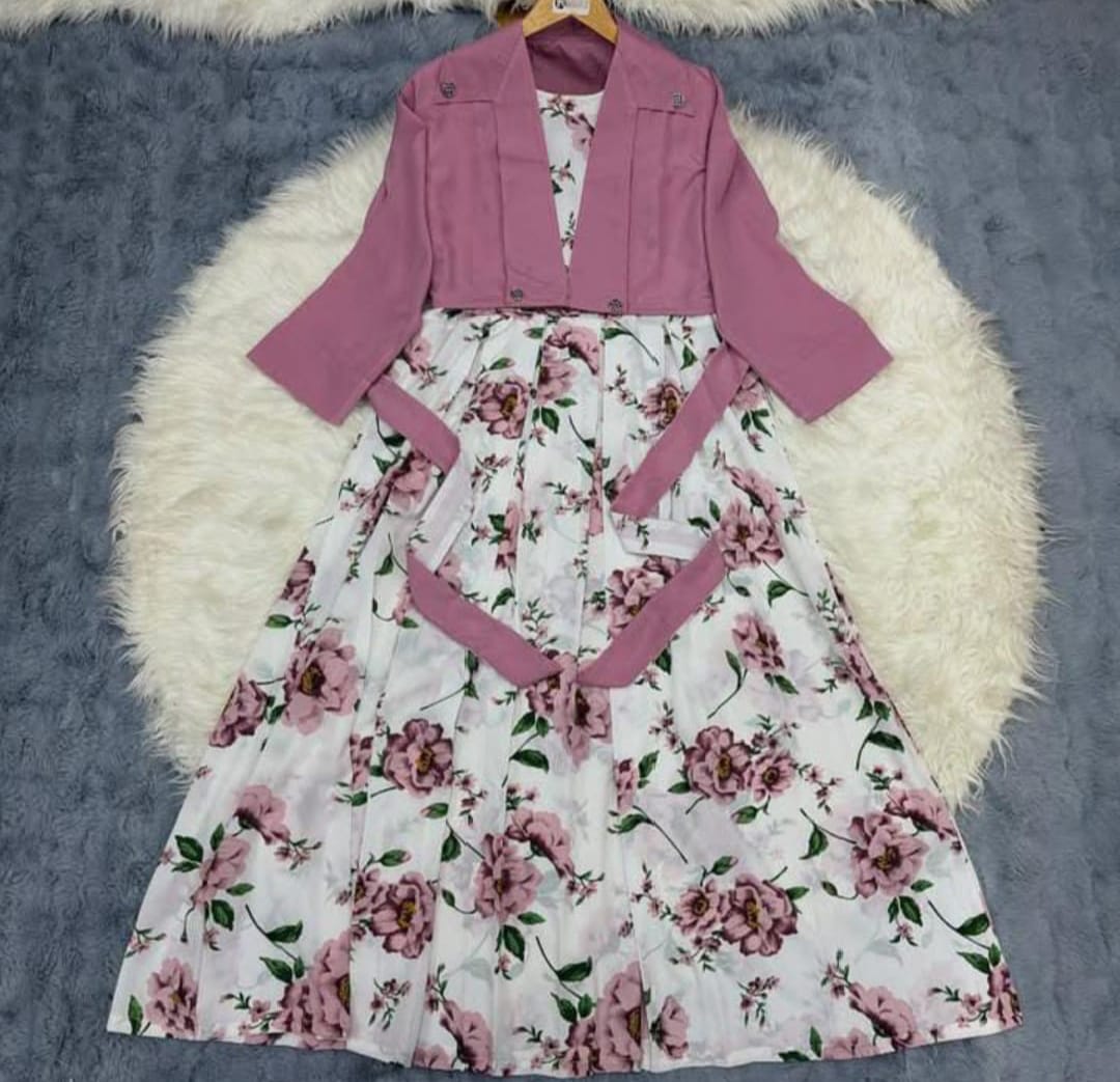 2Pc Degital Printed Pink Flowers Maxi & Coat