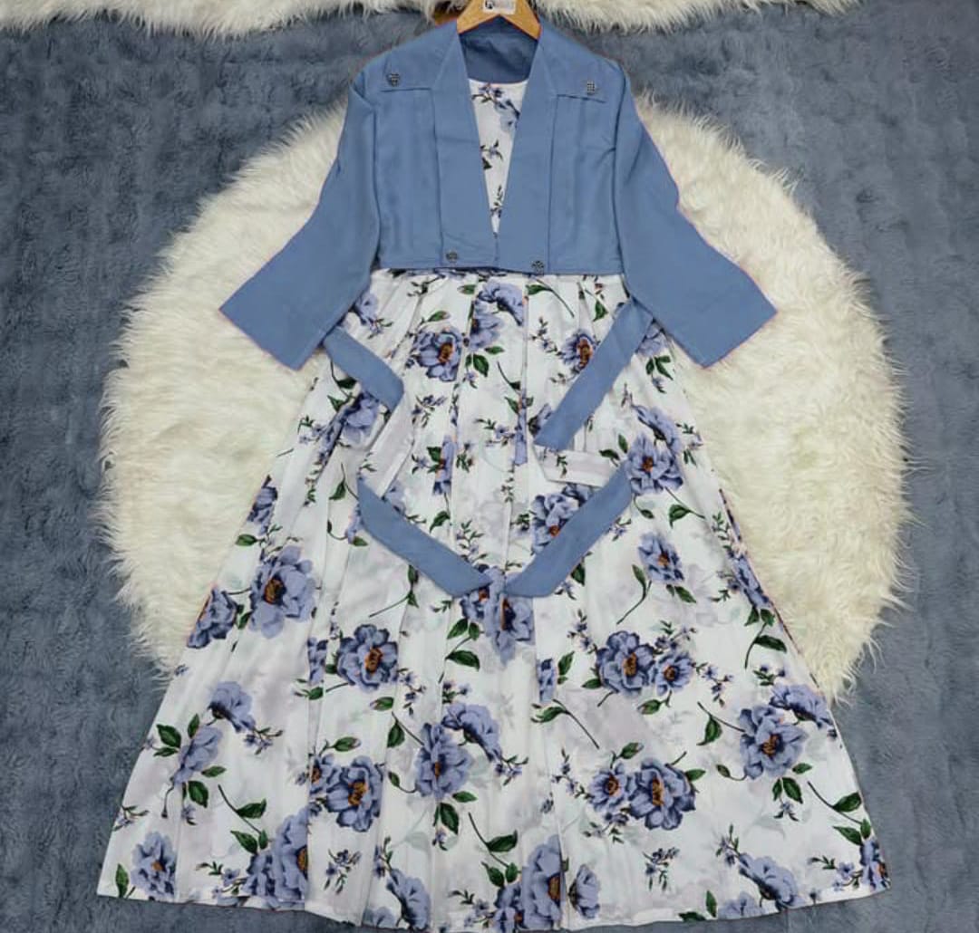 2Pc Degital Printed Pink Flowers Maxi & Coat